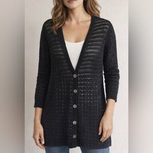 DKNY Black Crochet Open Knit Cardigan Sweater Longline 3/4 Sleeve Small